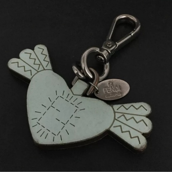 FENDI Selleria Logo Heart Wooden Bag Charm/ Keychain Aqua Blue Silver Hardware - Picture 2 of 8